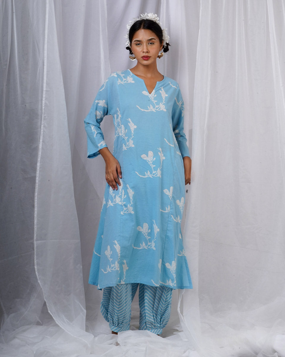 Tvesa Heirloom Blue Handblock Cotton Kurta-LD