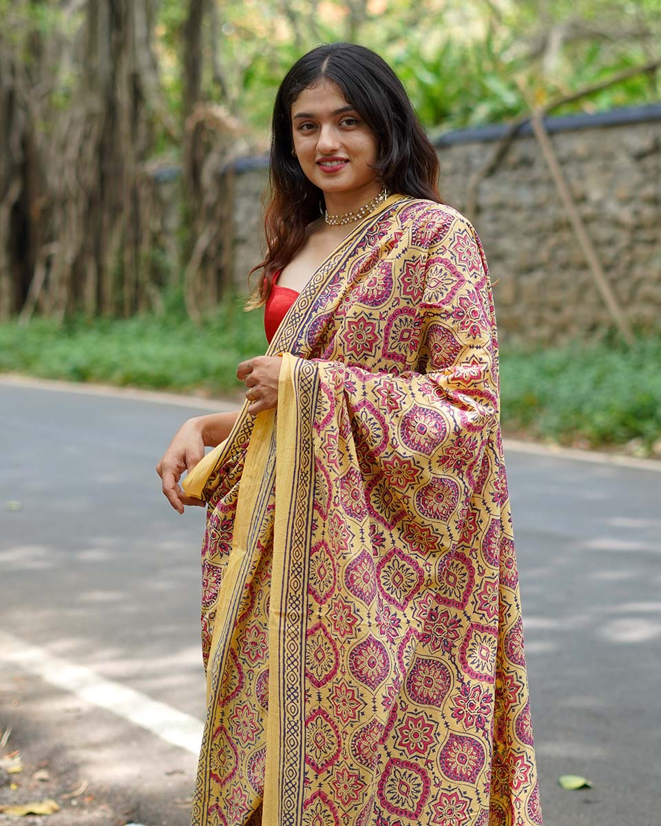 Chikoo Shake Mustard Yellow Handblock Print Cotton Saree - PBC