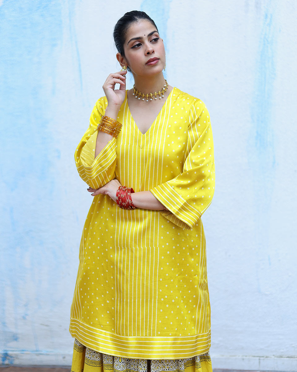 Jhilmil Yellow Handblock Print Mashru Silk Kurta - RSH