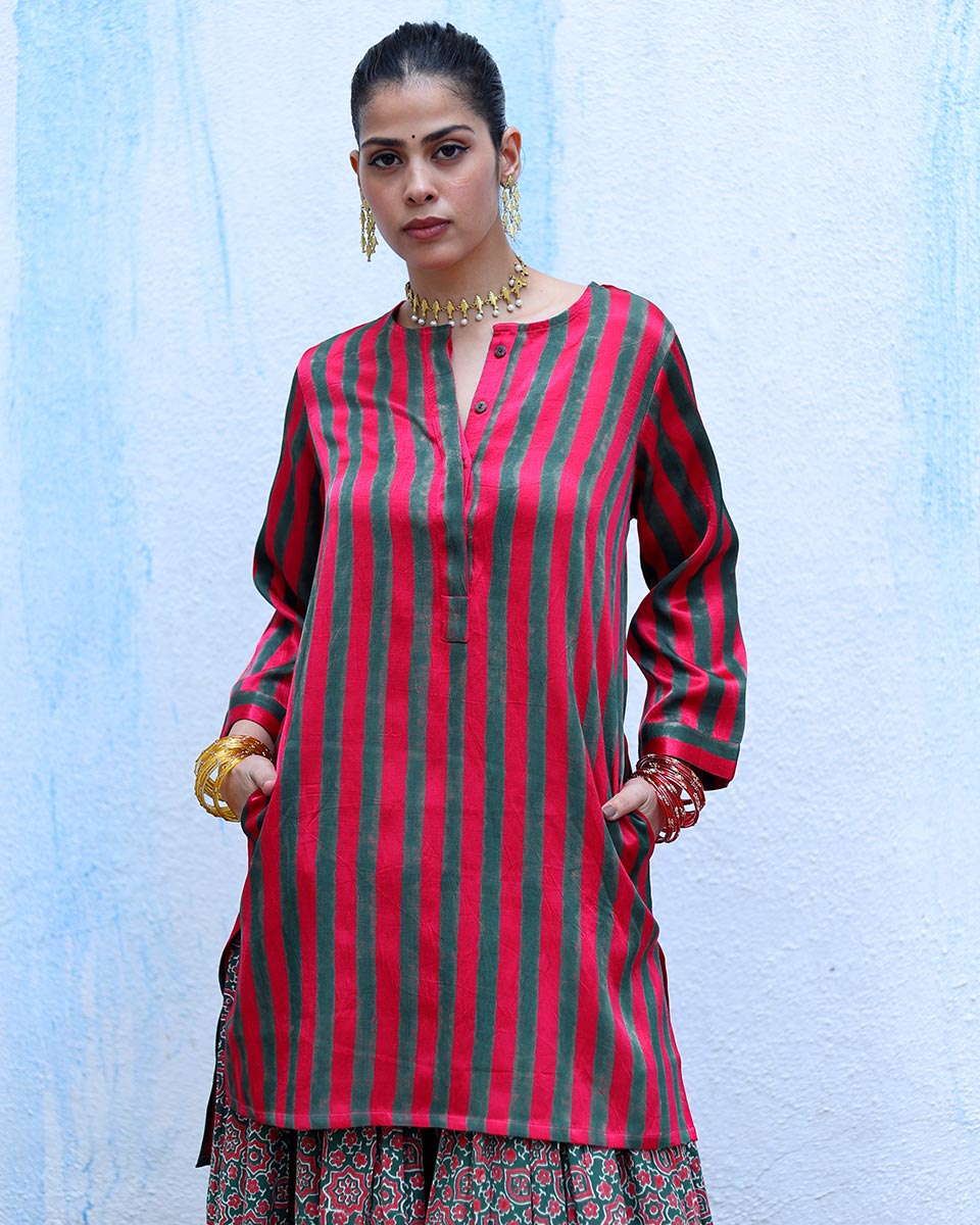 Kaumudi Red Handblock Print Mashru Silk Kurta - RSH