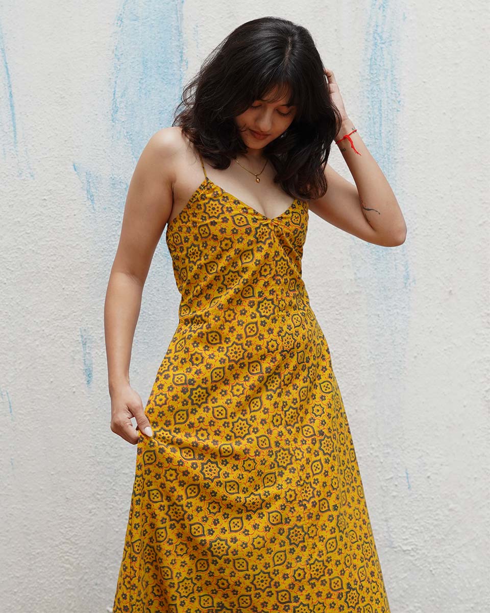 Worm Moon Yellow Handblock Print Cotton Dress - MNCH