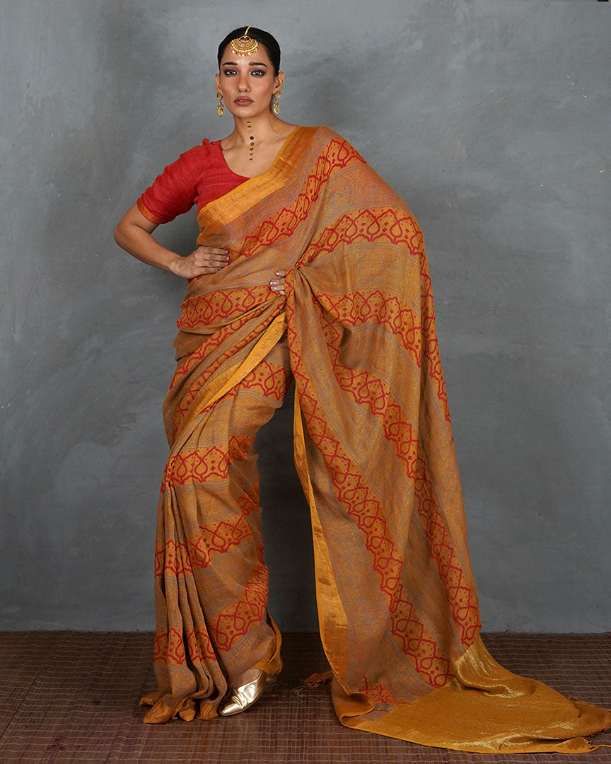 Deepika Mustard  Handblock Linen Saree - TARA