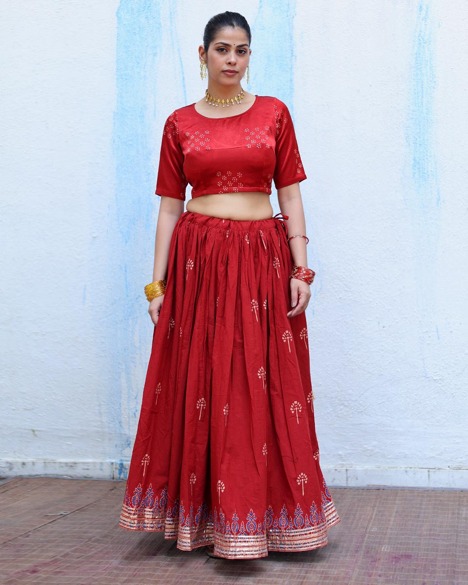 Jyotsna Red Handblock Print Cotton Ghagra - RSH