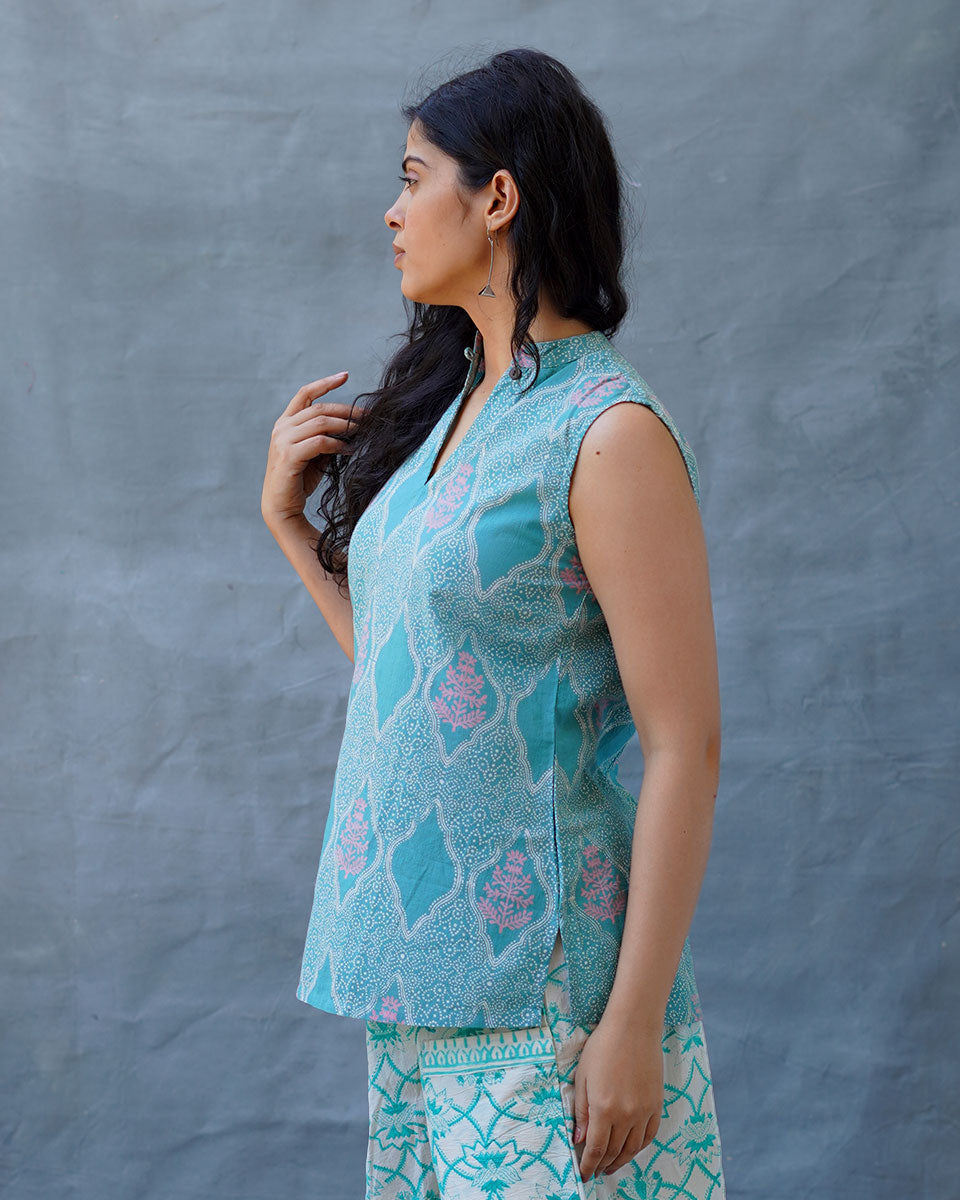 Frangipaniâ€™s Freshness Teal Green Block Printed Top - MMG
