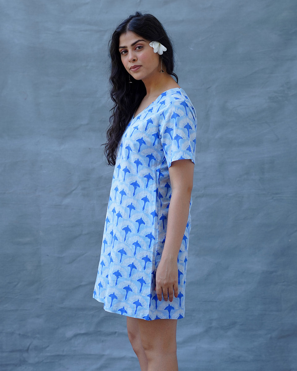 Ira Blue Hand Block Printed Dress-BAD