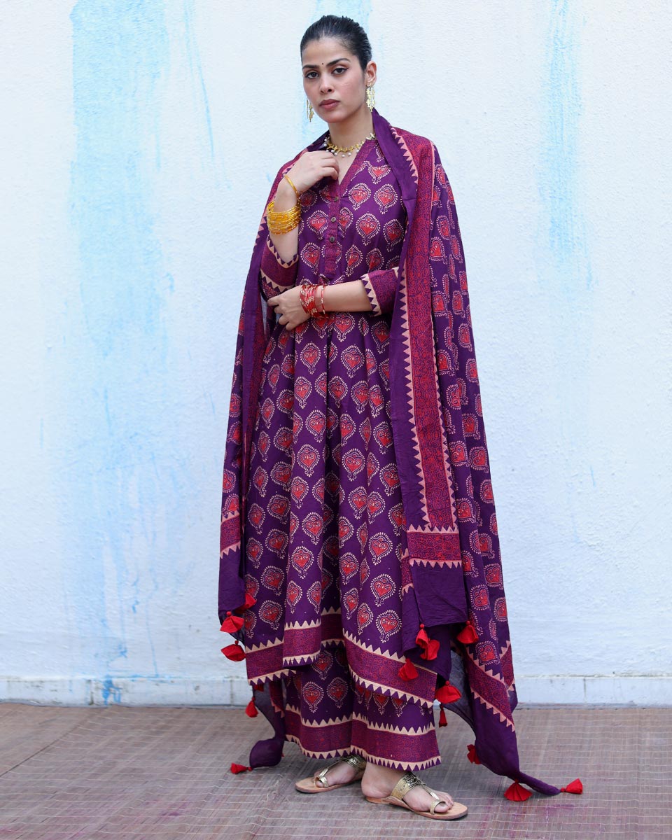 Ujwala Purple Handblock Print Cotton Dupatta - RSH