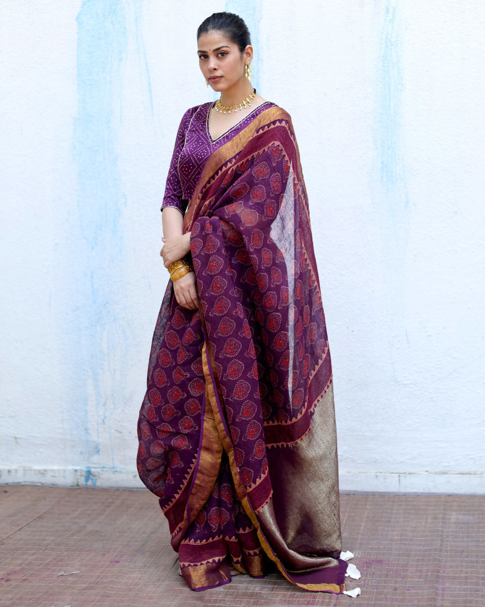 Sitara Purple Handblock Print Linen Saree - RSH