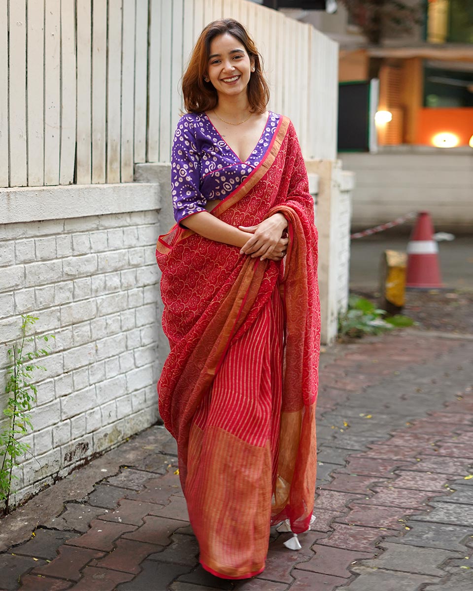 Ananya Red Handblock Printed Linen Saree - Anant