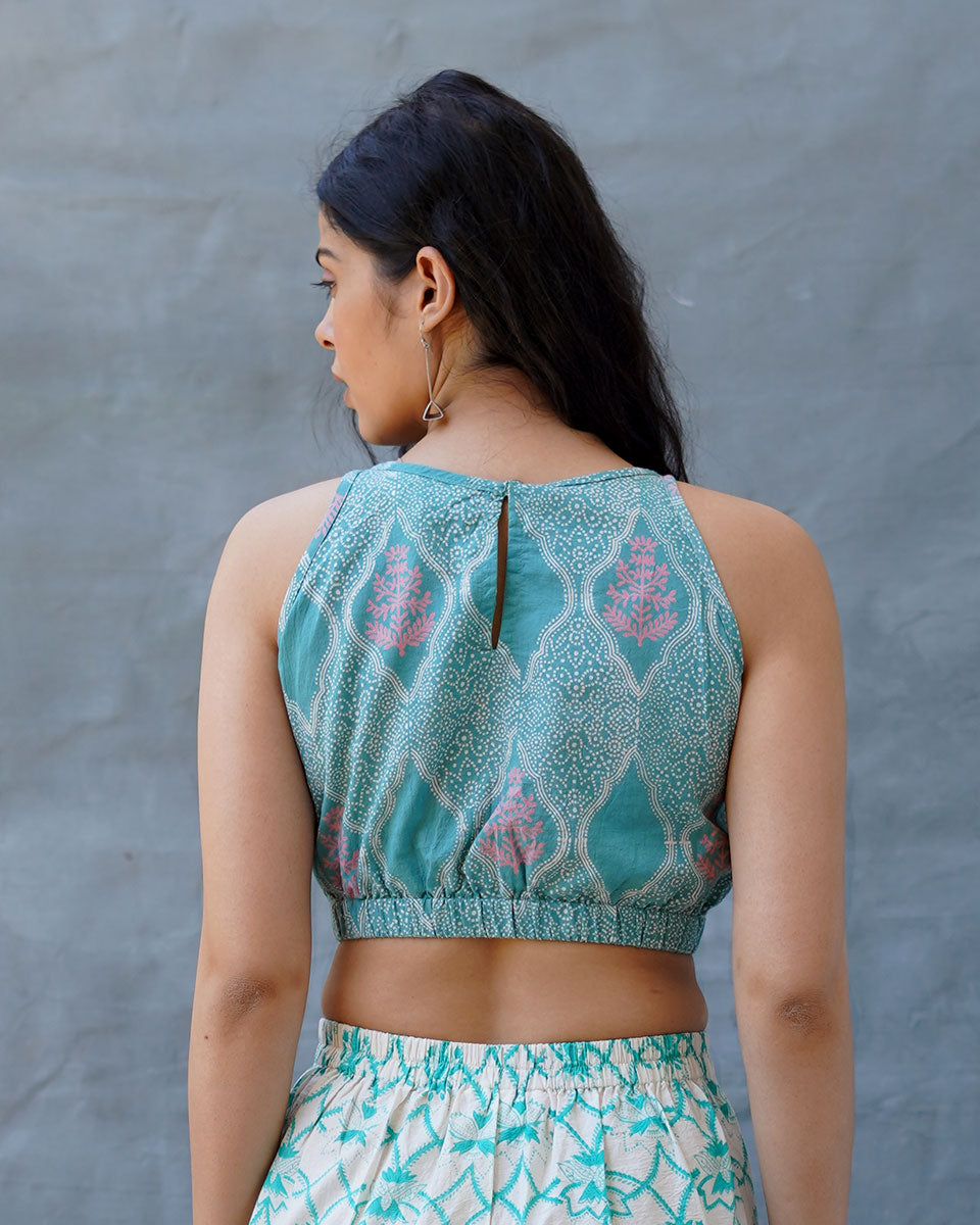 Dewy Daffodils Teal Green Block Printed Blouse - MMG
