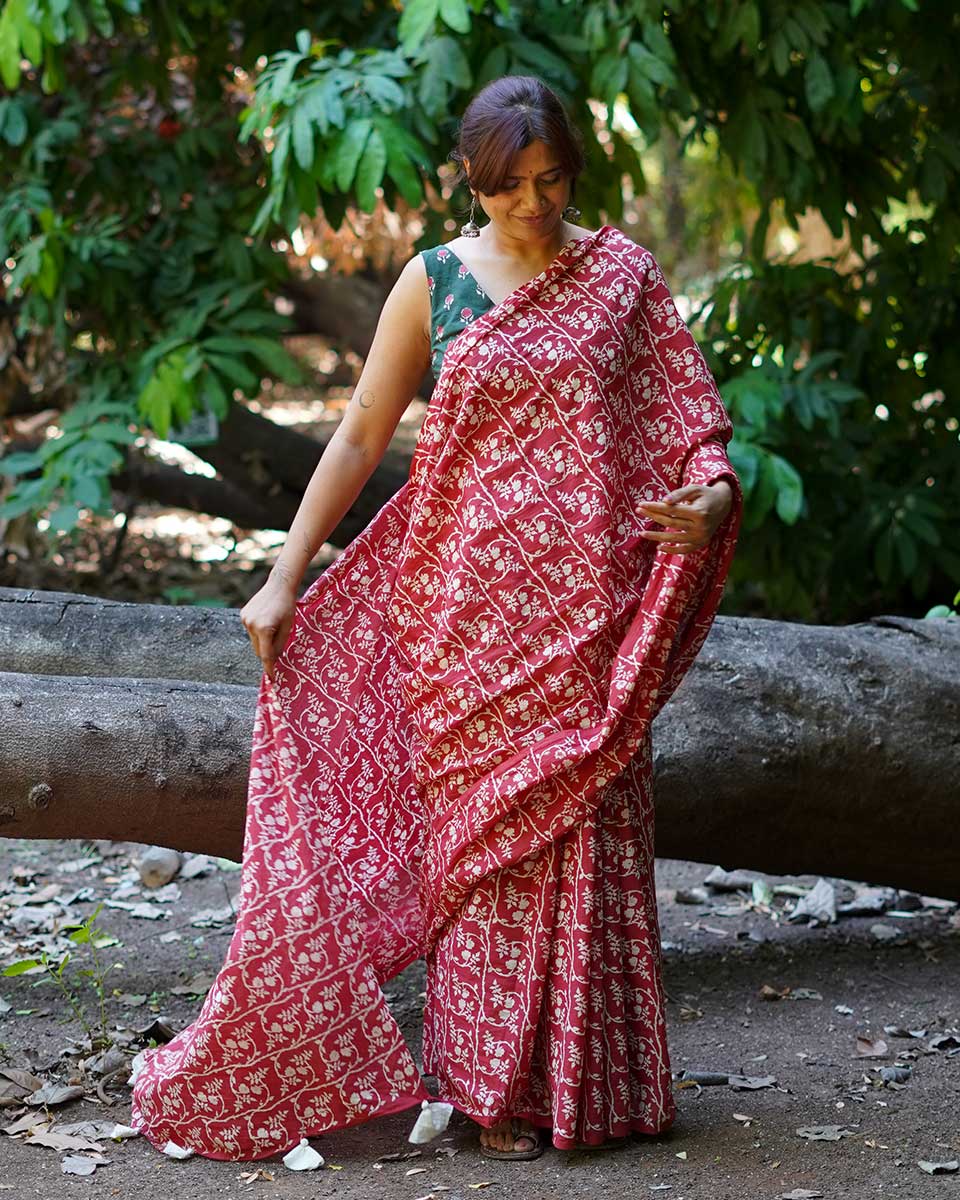 Summer At Nani’s Rust Red Hand Block Printed Cotton Saree - UMT