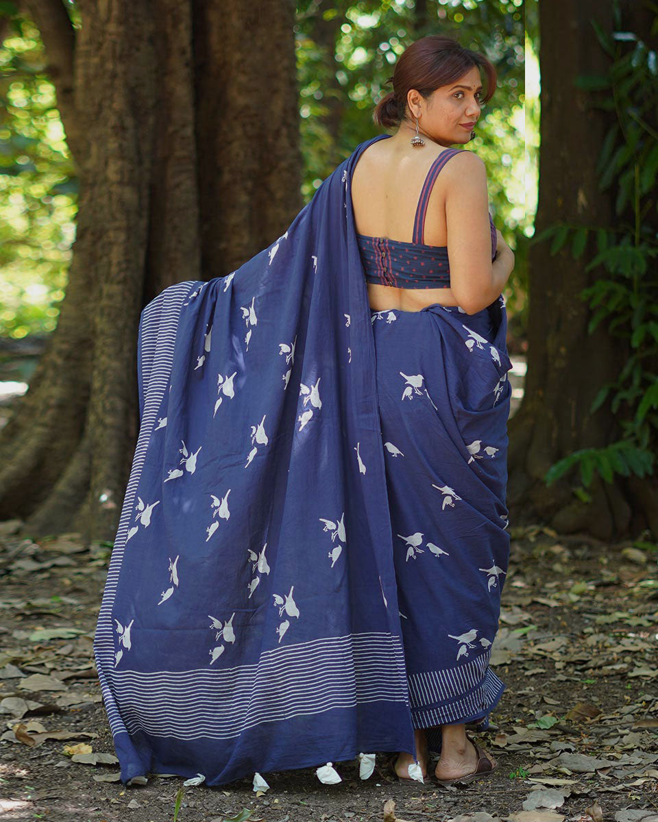 Mehekti Khushboo Blue Hand Block Printed Cotton Saree - UMT