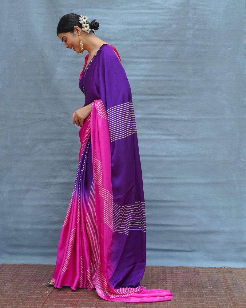 Loose Grace Pink With Purple Handblock Print Modal Silk Saree - Flow