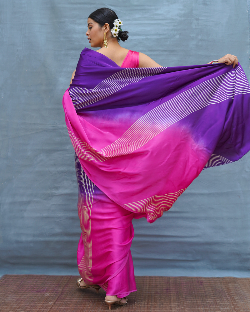 Loose Grace Pink With Purple Handblock Print Modal Silk Saree - Flow