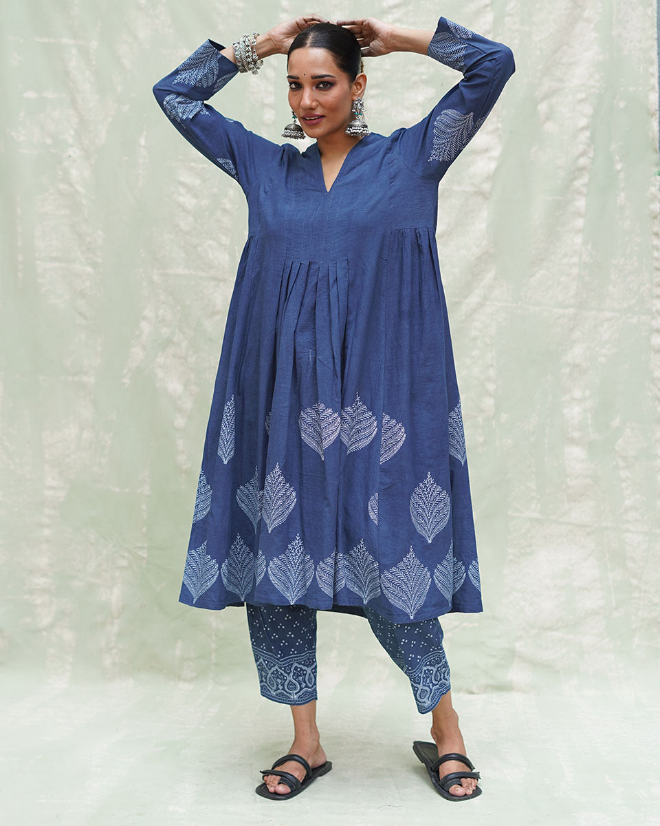 Zeelaf Blue Handblock Print Cotton Kurti- INDI