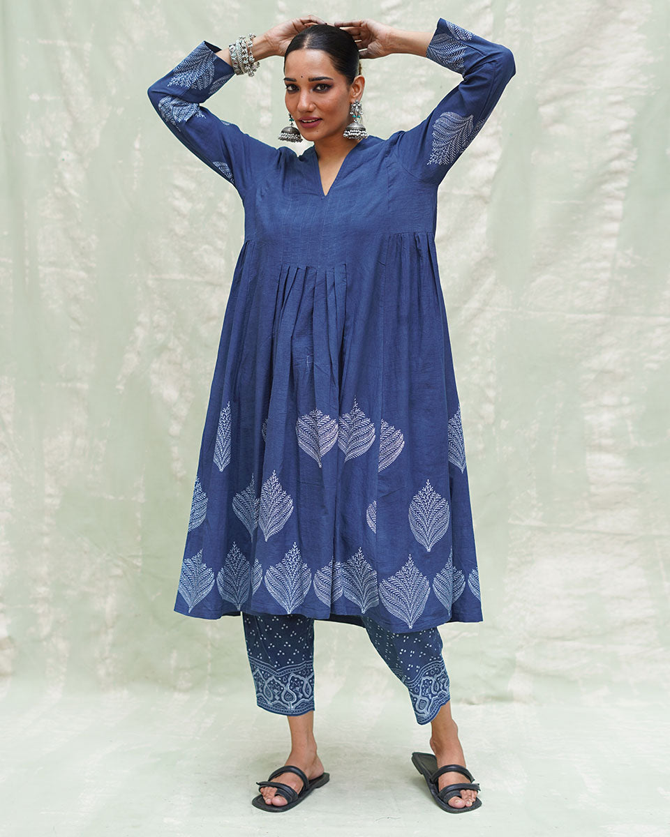 Zeelaf Blue Handblock Print Cotton Kurti- INDI
