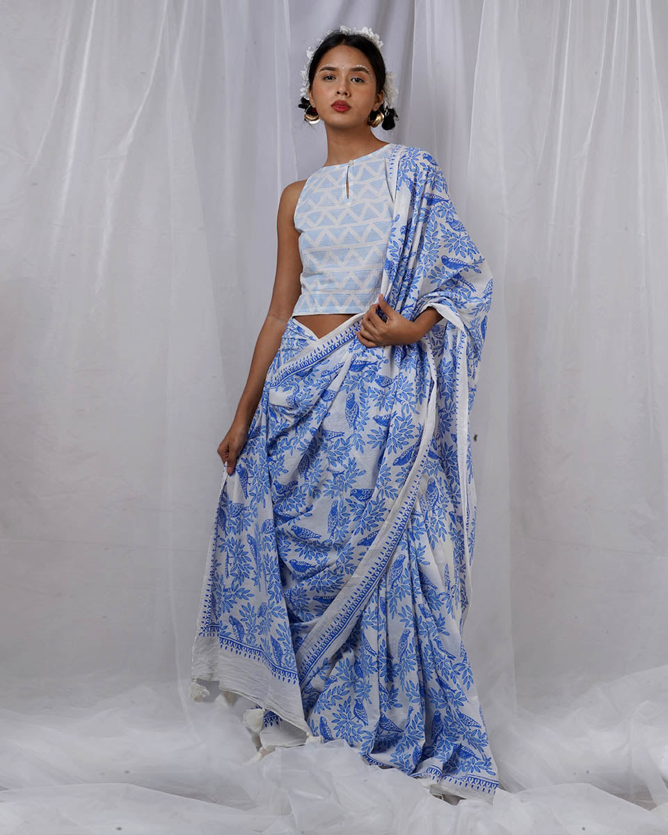 Rimi Ivory Hand Block Printed Saree-BAD