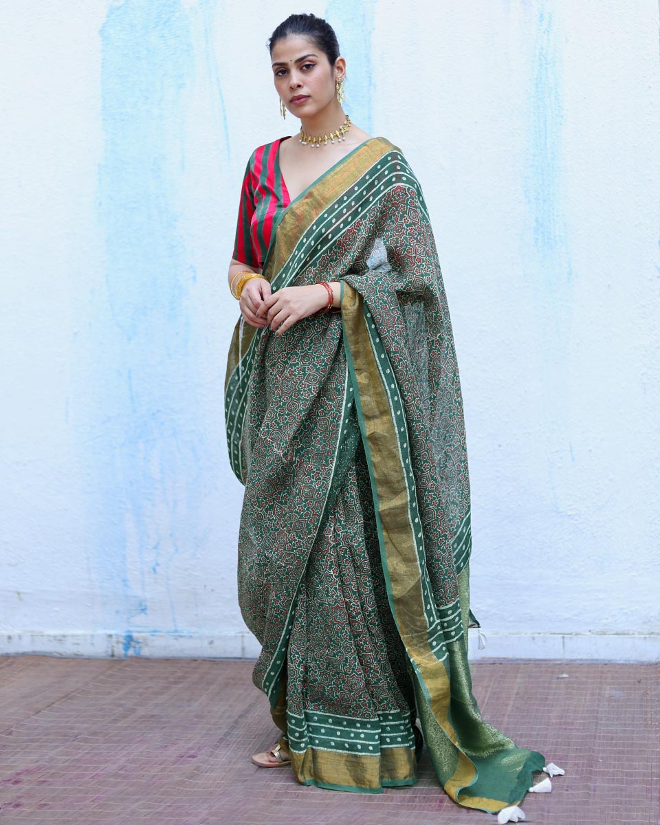 Deepti Green Handblock Print Linen Saree - RSH
