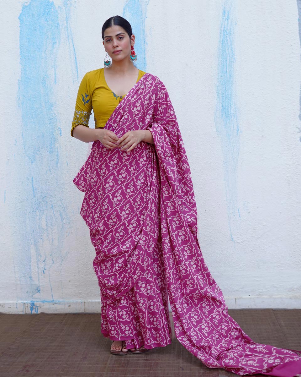 Gudiya Pink Handblock Print Cotton Saree - BFG