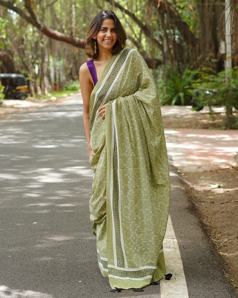 Kesar Phirni Olive Green Handblock Print Cotton Saree - PBC