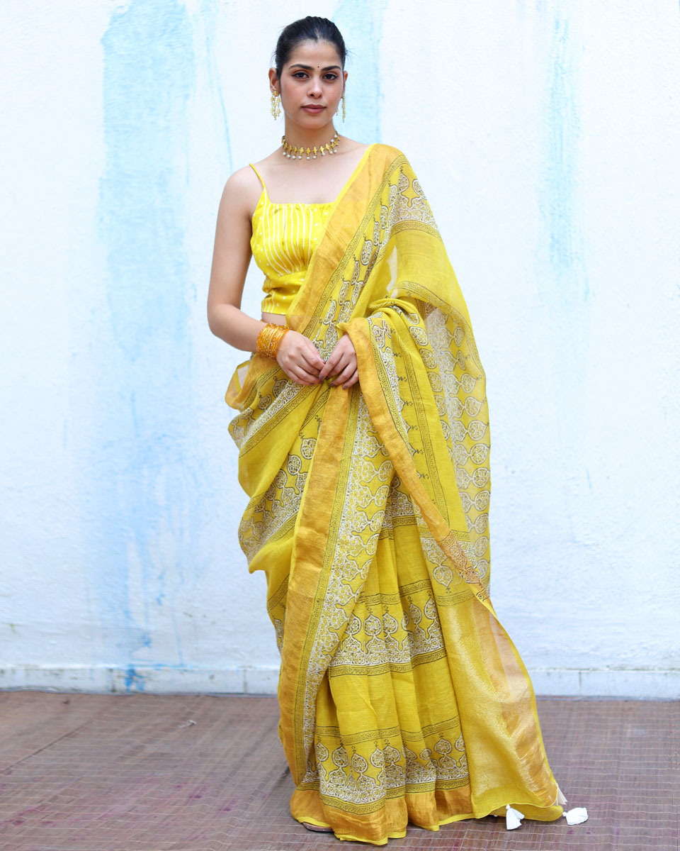 Ziya Yellow Handblock Print Linen Saree - RSH