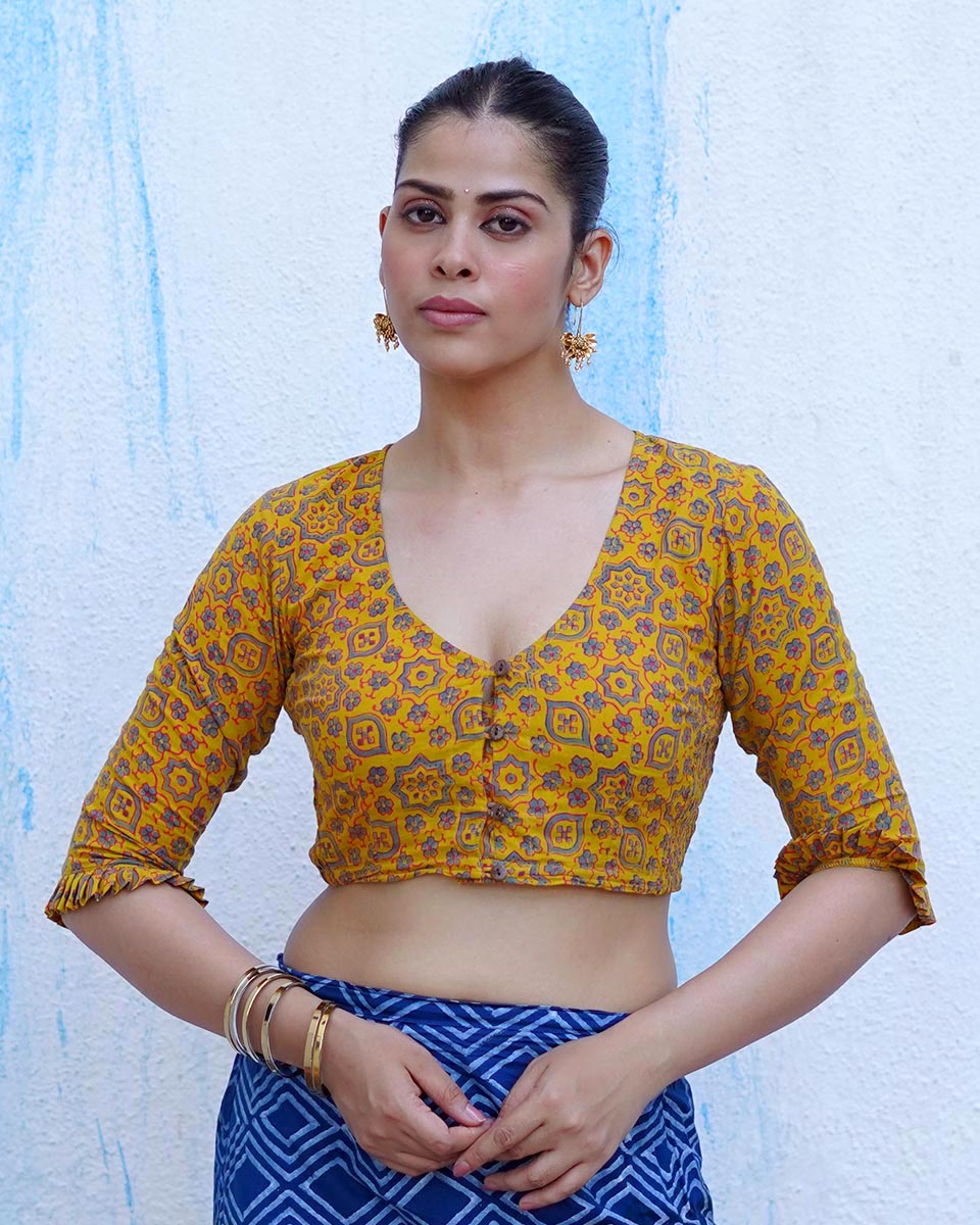 Swinging in veranda Mustard Yellow Hand Block Printed Cotton Blouse - UMT