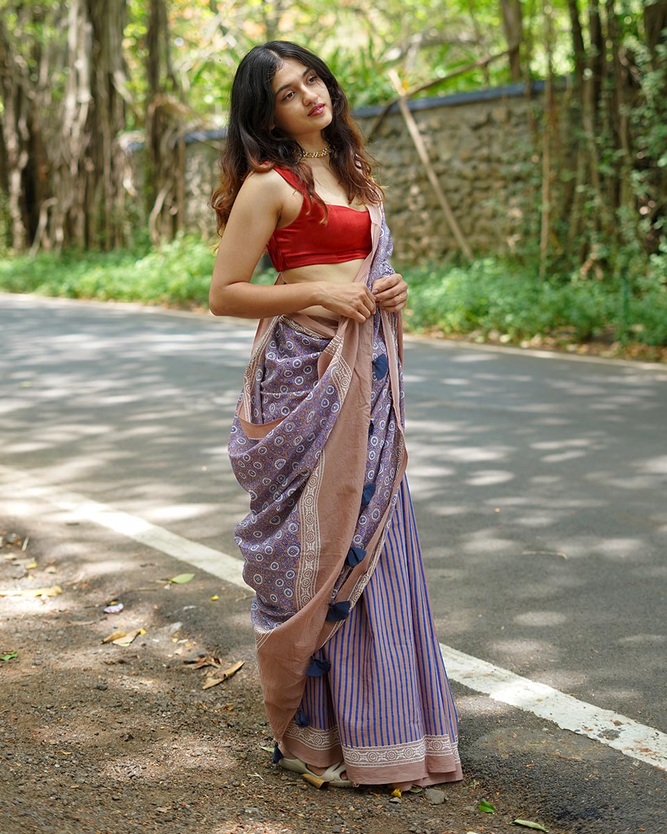 Lavendar Lolly Handblock Print Cotton Saree - PBC