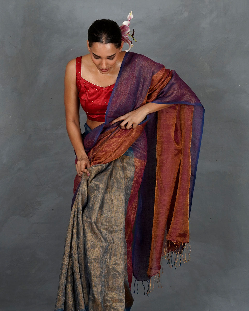 Chase Light Violet Handwoven Linen Saree - TARA