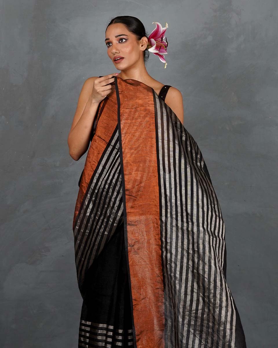 Follow Dawn Black Handwoven Linen Saree - TARA