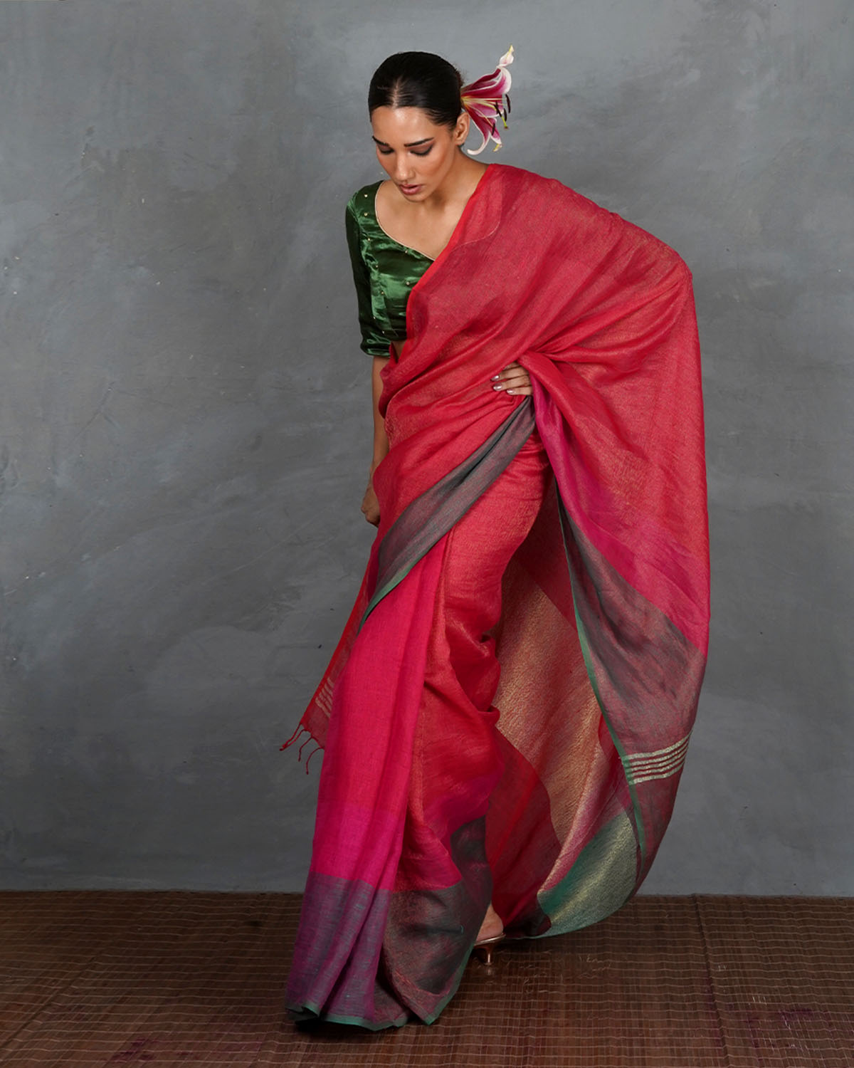 Glow Forward Red With Green Handwoven Linen Saree - TARA