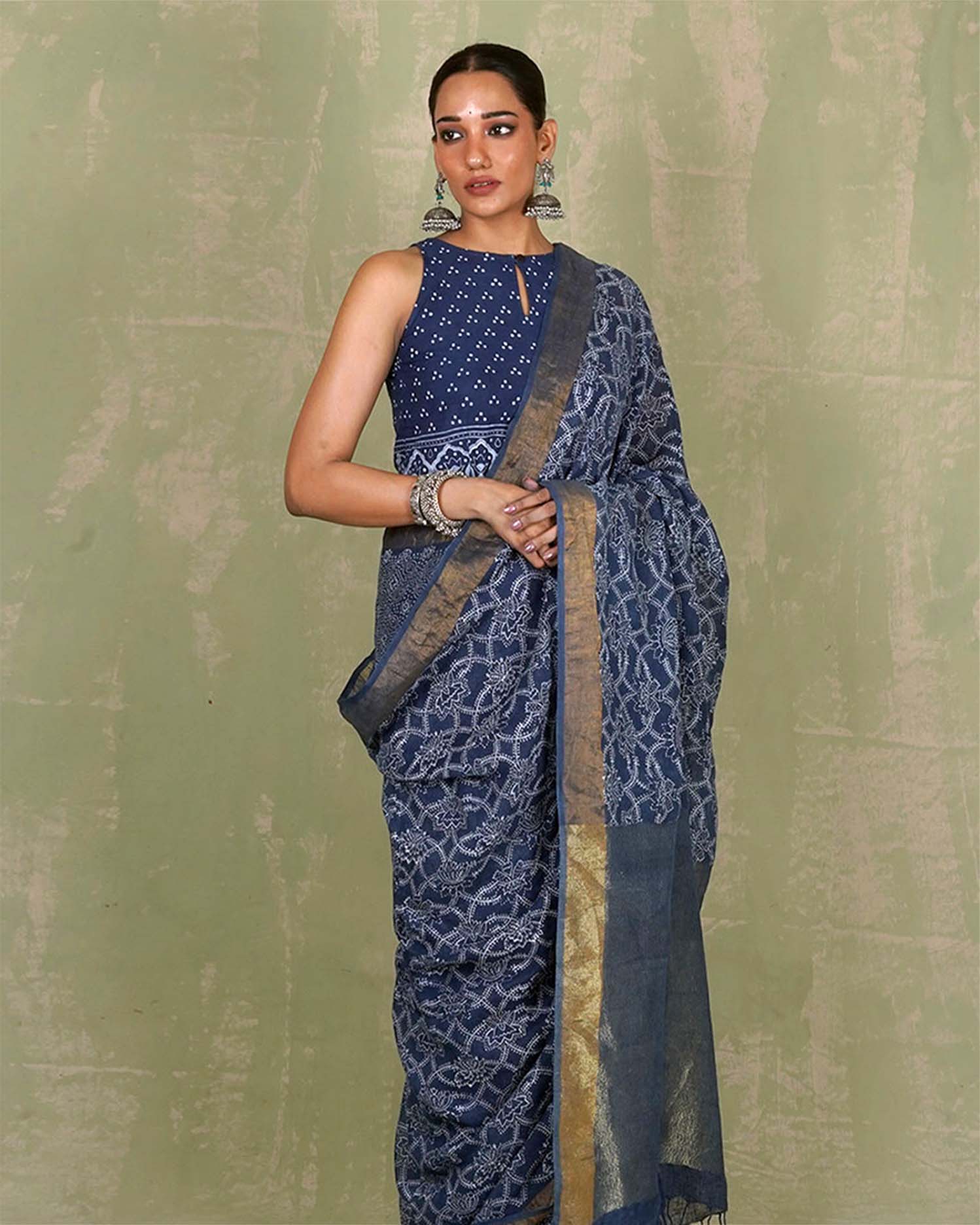 Malavi Blue Handblock Print Linen Saree - INDI