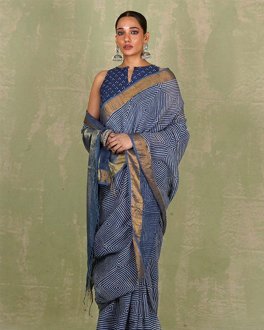 Sarang Blue Handblock Print Linen Saree - INDI