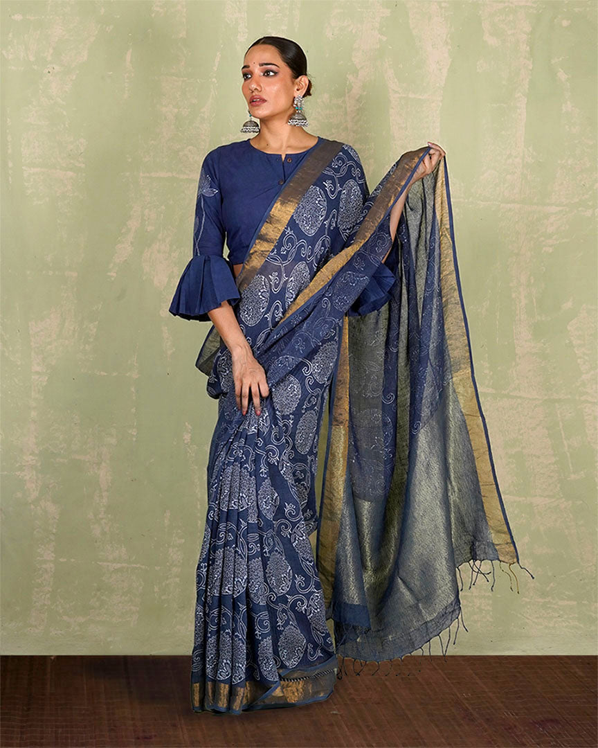 Rahi Blue Handblock Print Linen Saree - INDI