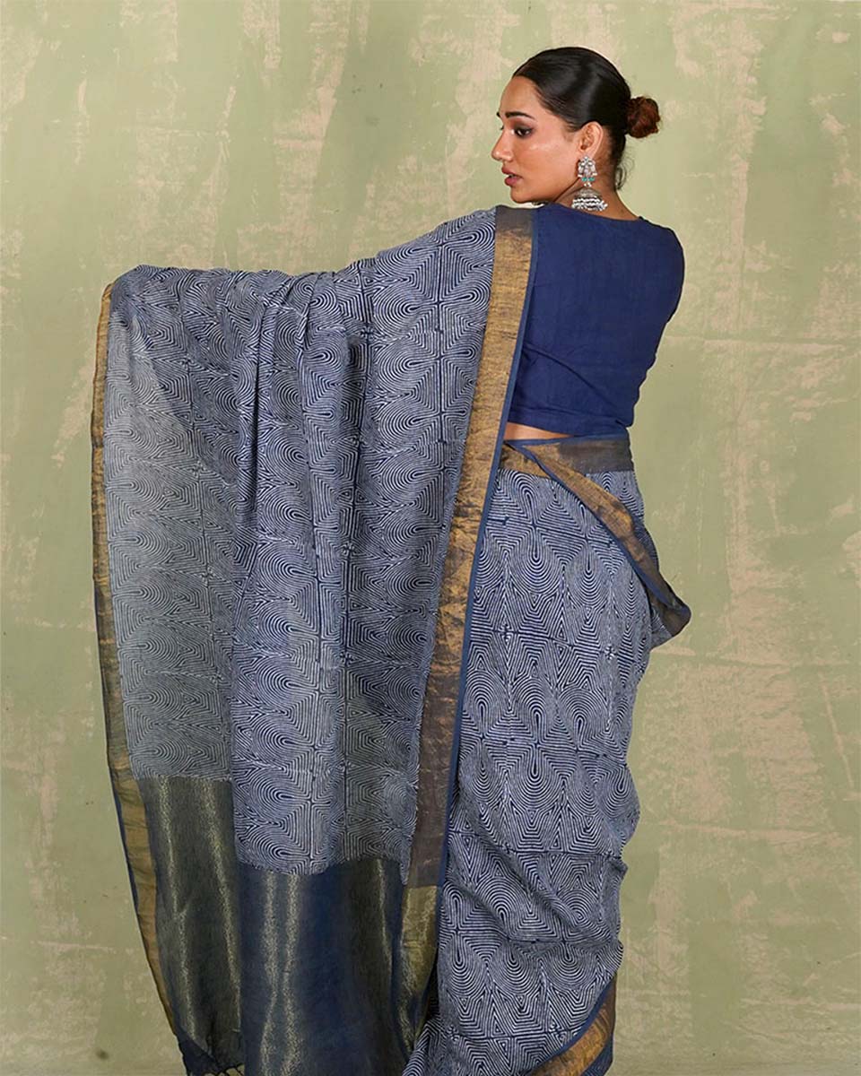 Sanjh Tarini Blue Handblock Print Linen Saree - INDI