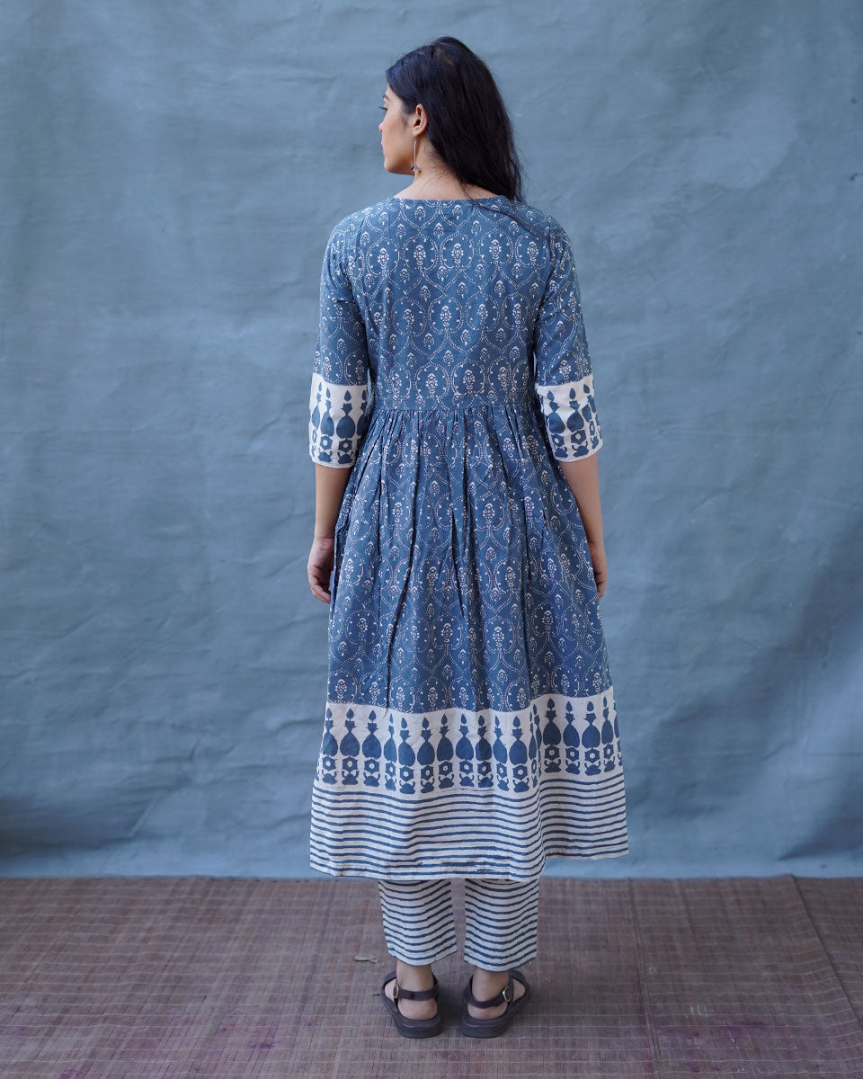 Hollow Dusk Grey Block Printed Kurta Set - BMS