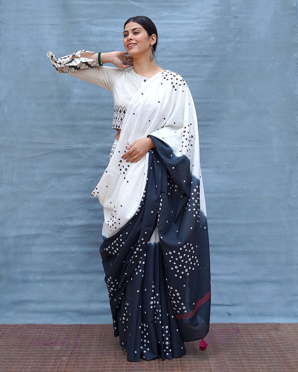 Colourblind Black & White Handblock Print Cotton Saree - M&M