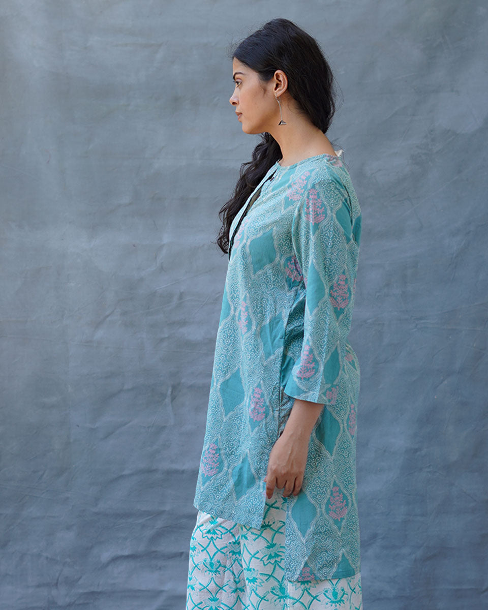 Tenderness of Tulips Teal Green Block Printed Kurti - MMG