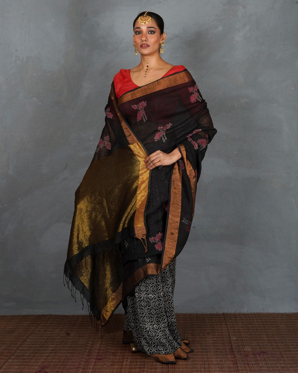 Tejasvi Black Handblock Linen Saree - TARA