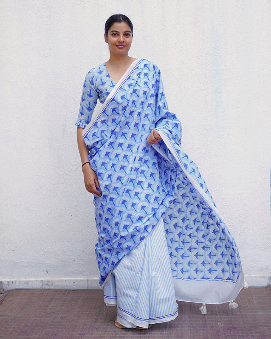 Maya Blue Hand Block Printed Saree-BAD