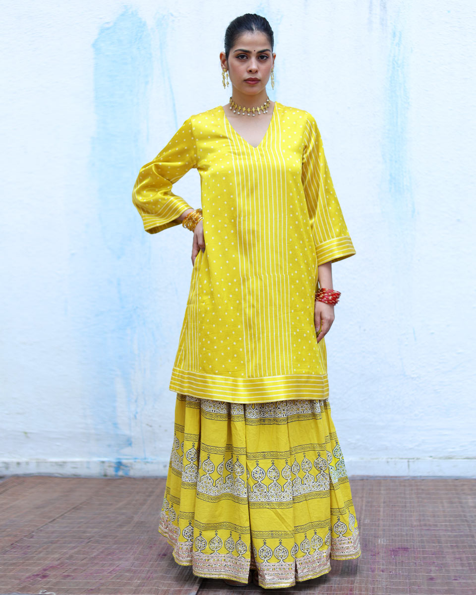 Jhilmil Yellow Handblock Print Mashru Silk Kurta - RSH