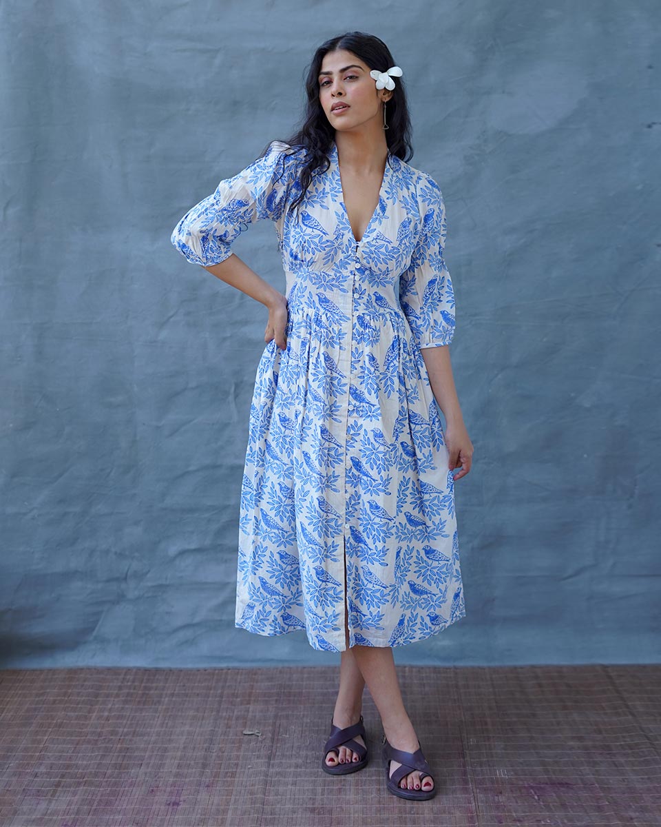 Neyra Ivory Blue Hand Block Printed Dress-BAD