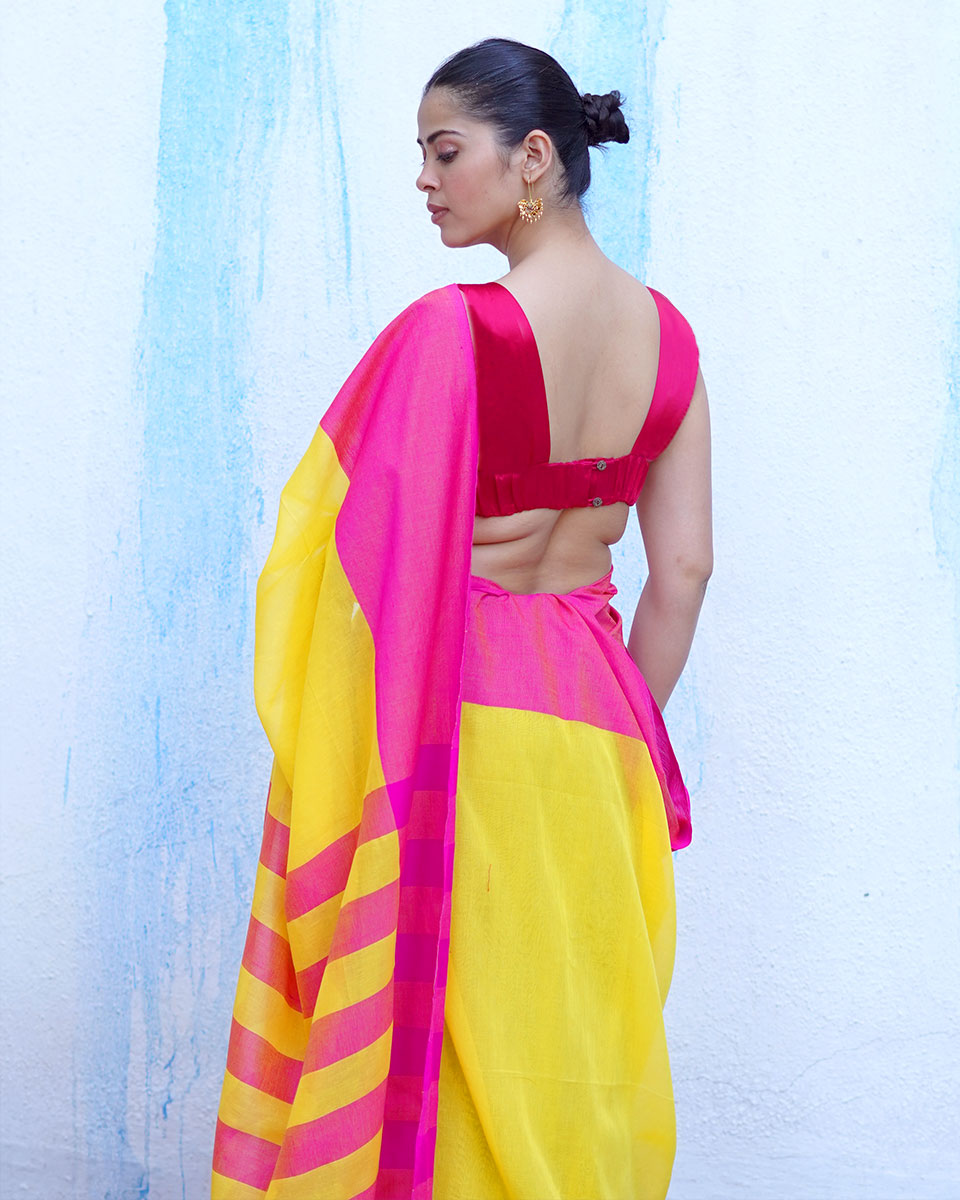 Athena Yellow With Pink Handwoven Cotton Saree - NTC