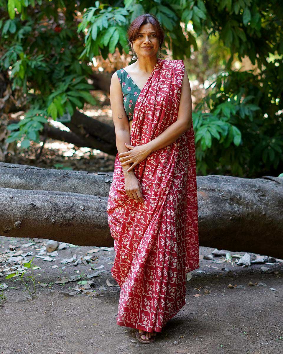 Summer At Nani’s Rust Red Hand Block Printed Cotton Saree - UMT