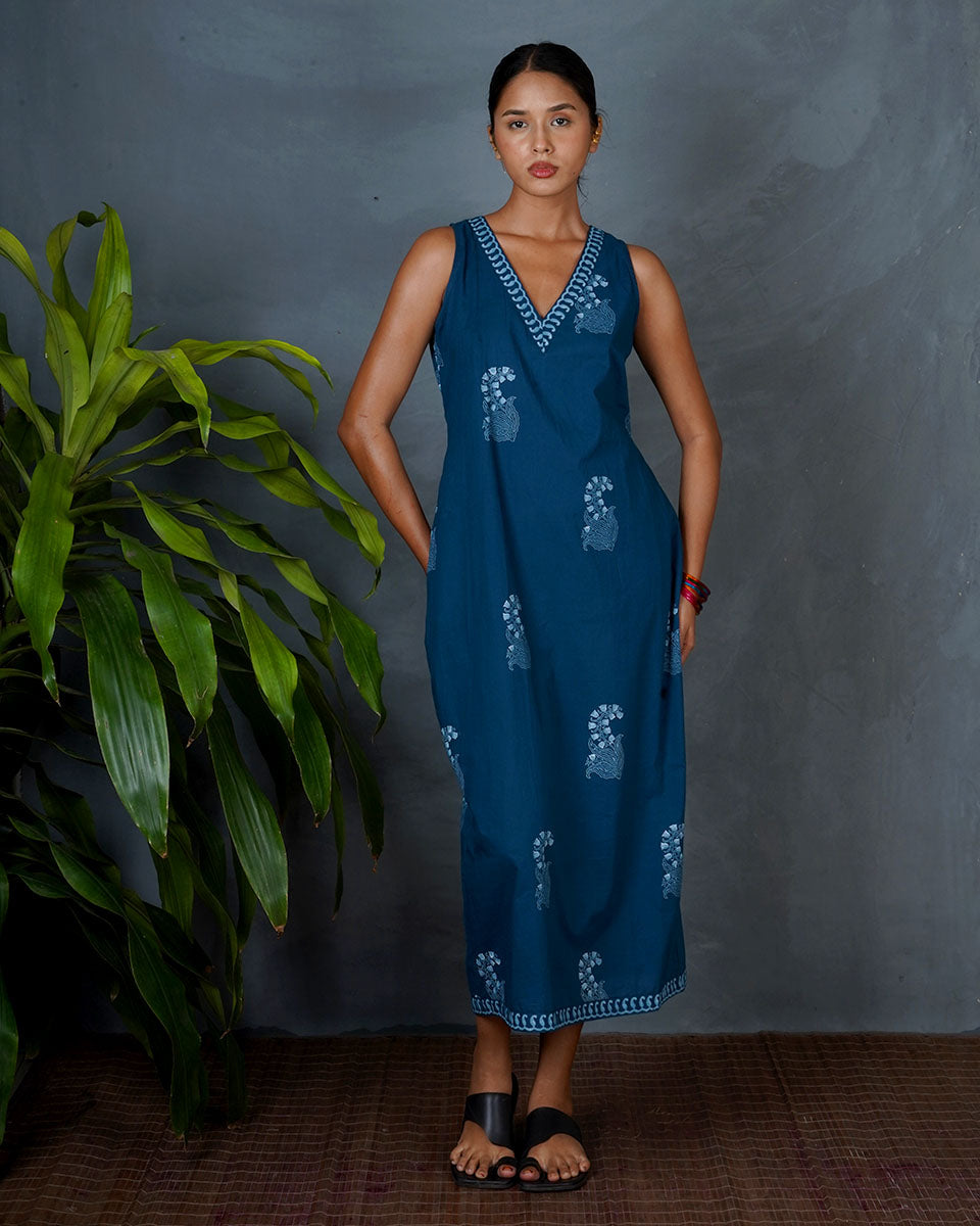 Neeraja Teal Green Hand Block Printed Dress-MYA