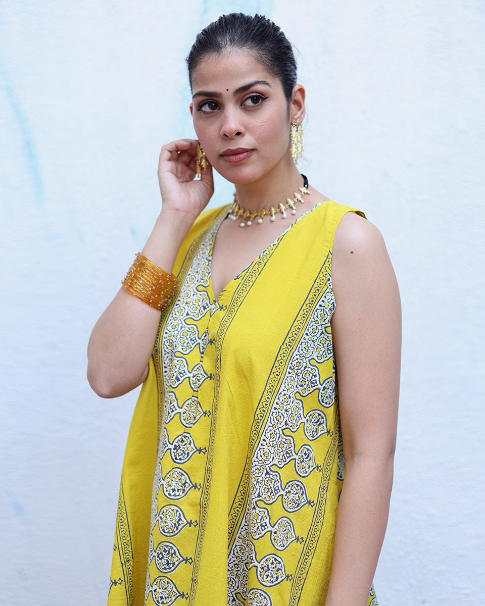 Roushan Yellow Handblock Print Cotton Dress - RSH