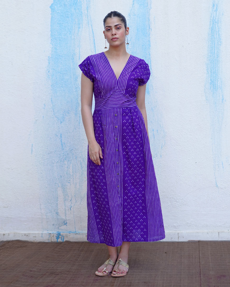 Lahari Purple Handblock Print Cotton Dress - BFG
