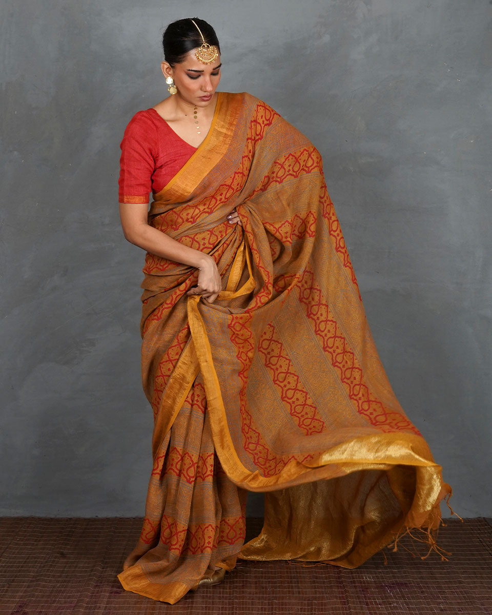 Deepika Mustard  Handblock Linen Saree - TARA