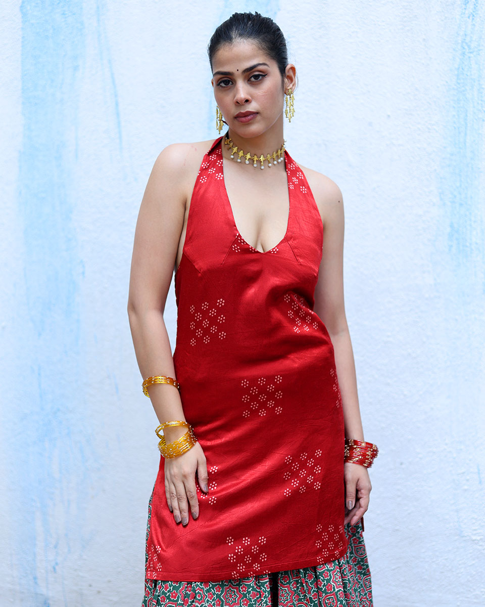 Aabha Red Handblock Print Mashru Silk Kurta - RSH