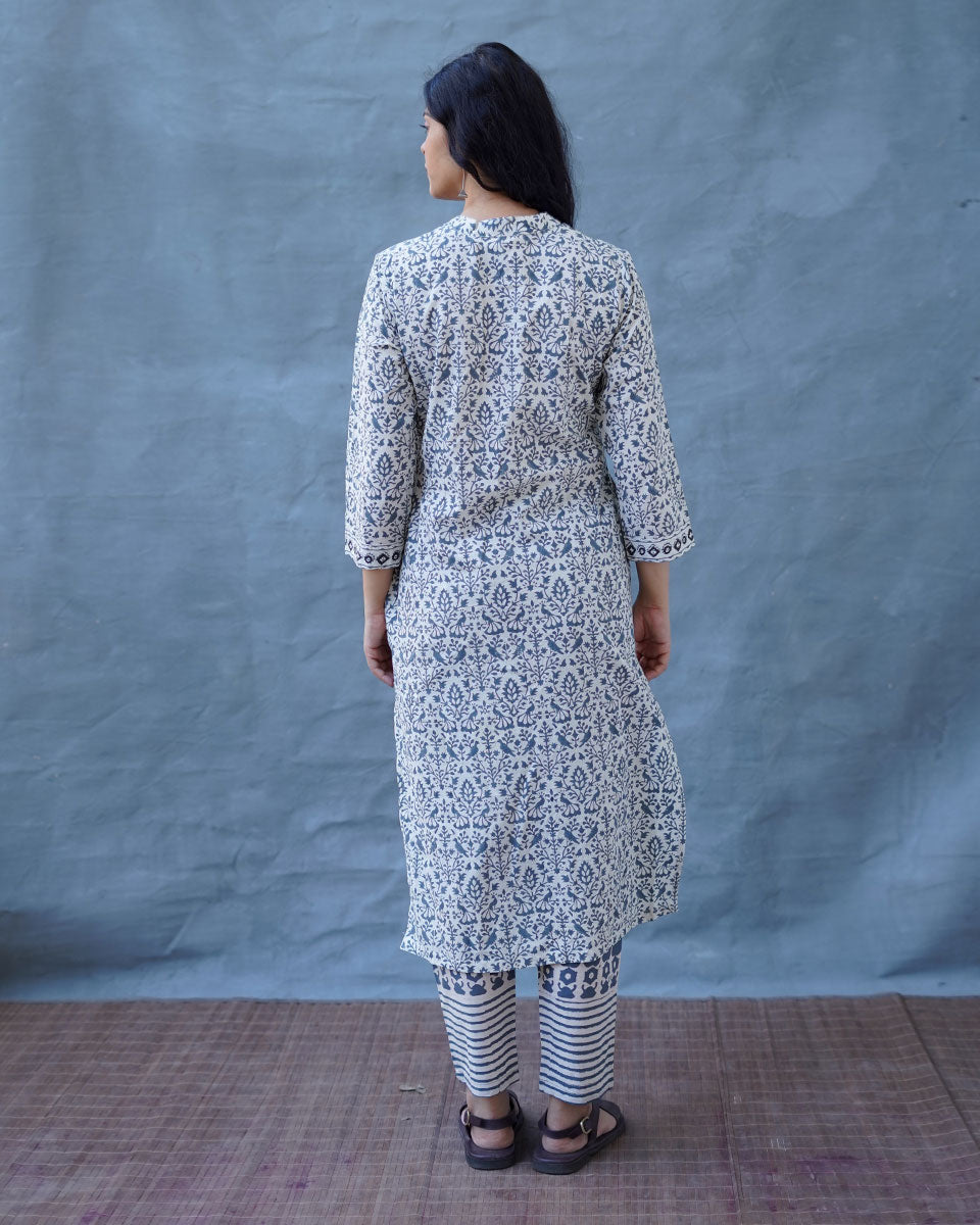 Monsoon Sea Grey Block Printed Cotton Kurti - BMS