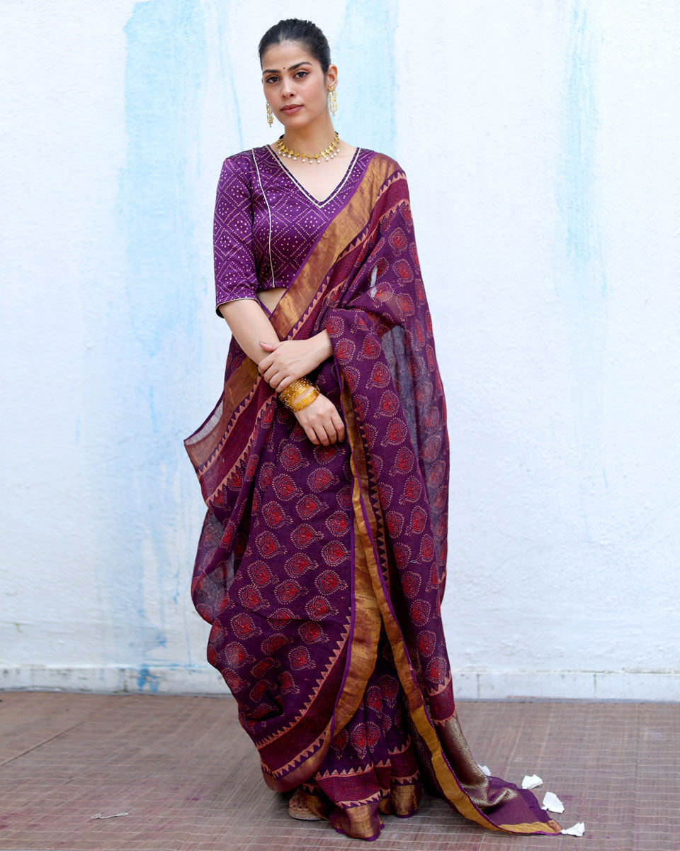 Sitara Purple Handblock Print Linen Saree - RSH