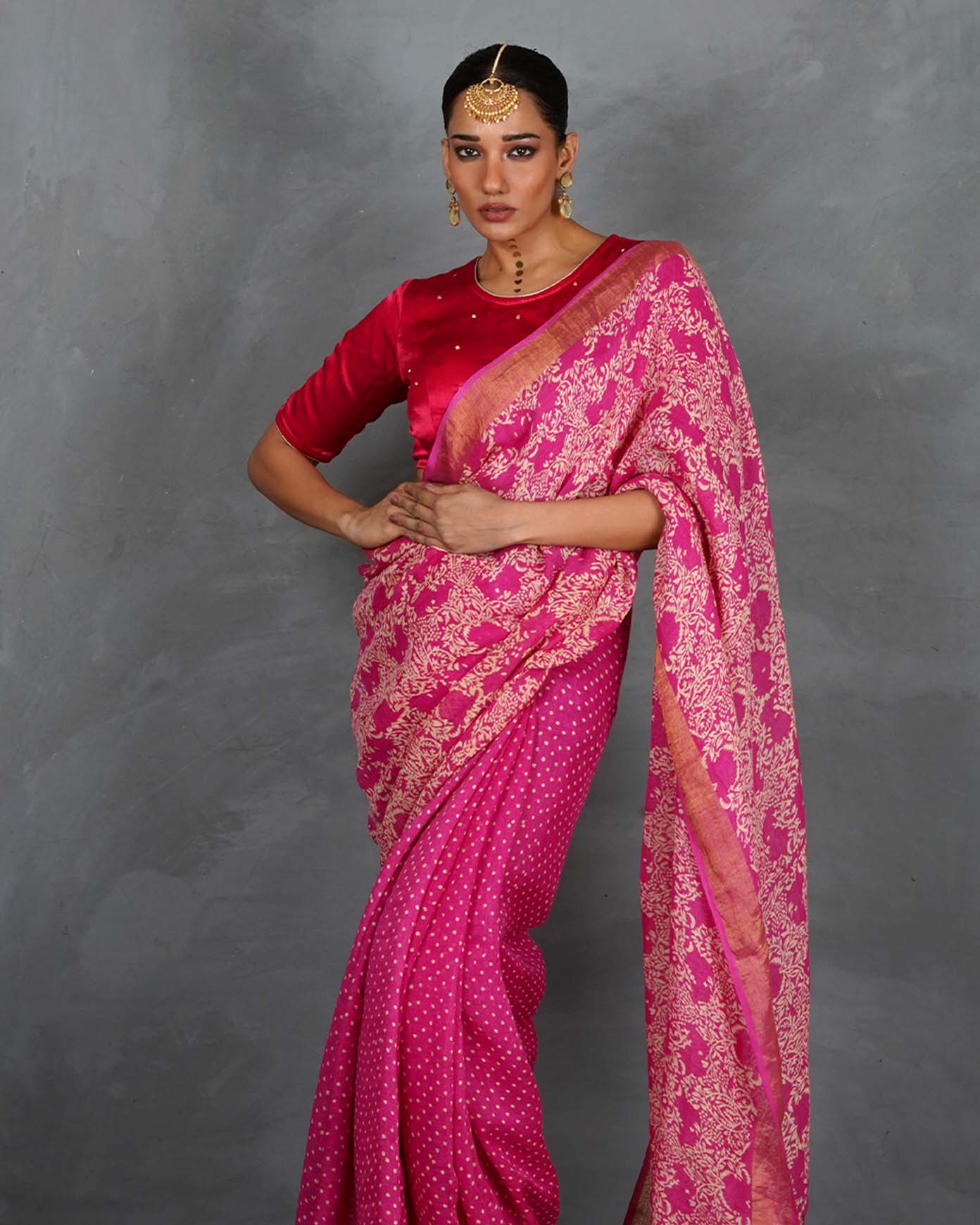Fiza Pink Handblock Linen Saree - TARA
